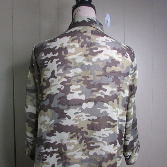 Living Doll Sheer Blouse Shirt M Button Up Camo Green Brown - Picture 9 of 12